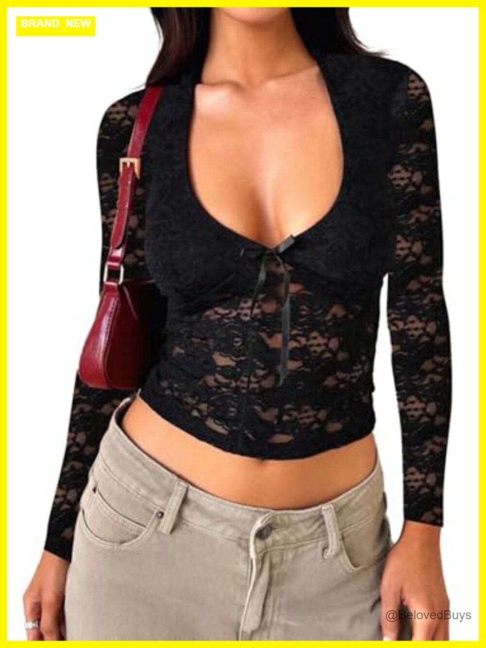Women's Lace Long Sleeve V-Neck Sheer Top Y2K Going Out Shirt